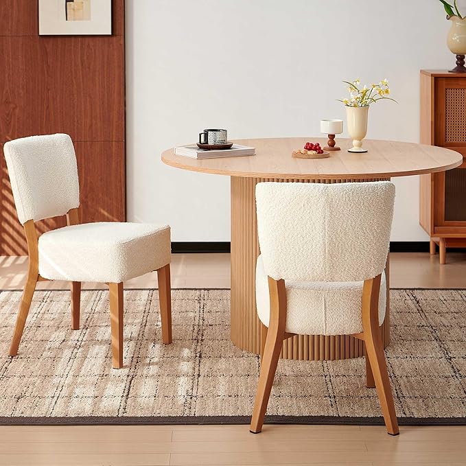 Howtek Modern Dining Chairs Set of 2 with 6.3" Thick Seat Cushions, Space-Saving Stackable Upholstered Kitchen Chairs, Ergonomic Backrest & Wood Grain Metal Legs, White