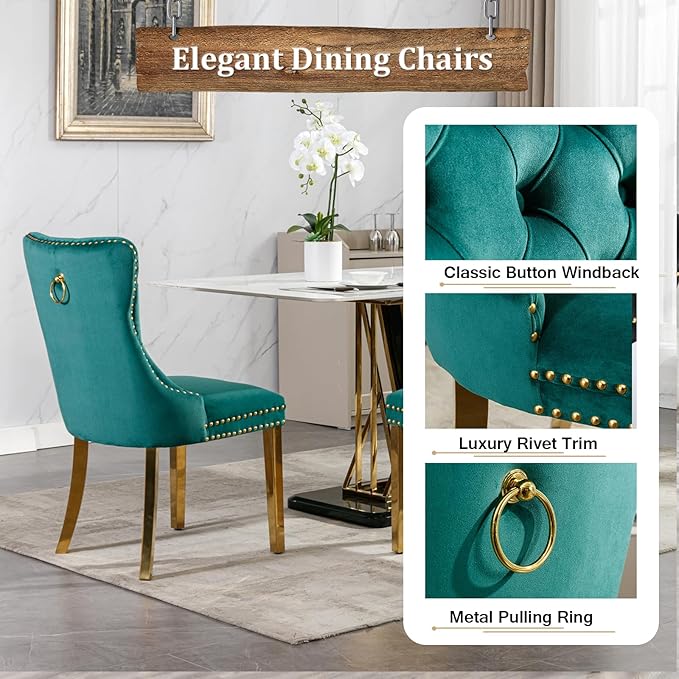 Goujxcy 51" Glass Dining Table Set for 6, Modern Kitchen Table and Chairs Set w/Steel Legs, 7-Piece Dining Table Set w/Glass Gold Dining Table and 6 Green Velvet Chairs for Kitchen Dining Room