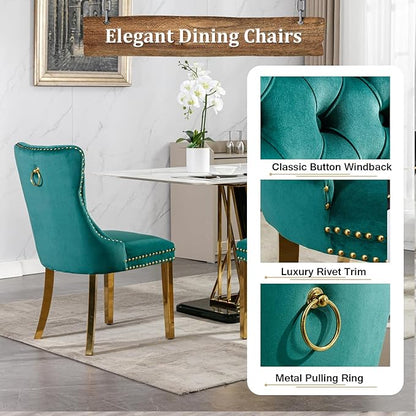 7 Piece Dining Table Set with 6 Green Dining Chairs, Modern Glass Kitchen Table and Chairs Set for 6, 70" Rectangle Gold Glass Pedestal Dining Room Tables with Ring-Shape Stainless Steel Base