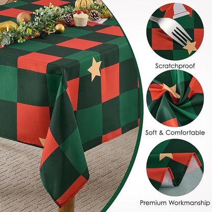 Christmas Tablecloth Rectangular 60x102 Inch Waterproof Table Cloth for 6ft, Washable Polyester Table Cover for Xmas Party, Winter Holiday Home Decoration in Festive Checkered Star 1pack