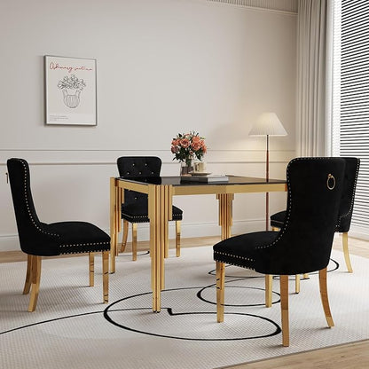 5 Piece Glass Dining Table Set, 35" Square Tempered Glass Kitchen Table with 4 Black Velvet Upholstered Chairs, Dining Chairs Set of 4 for Kitchen, Living Room (Black, Gold)