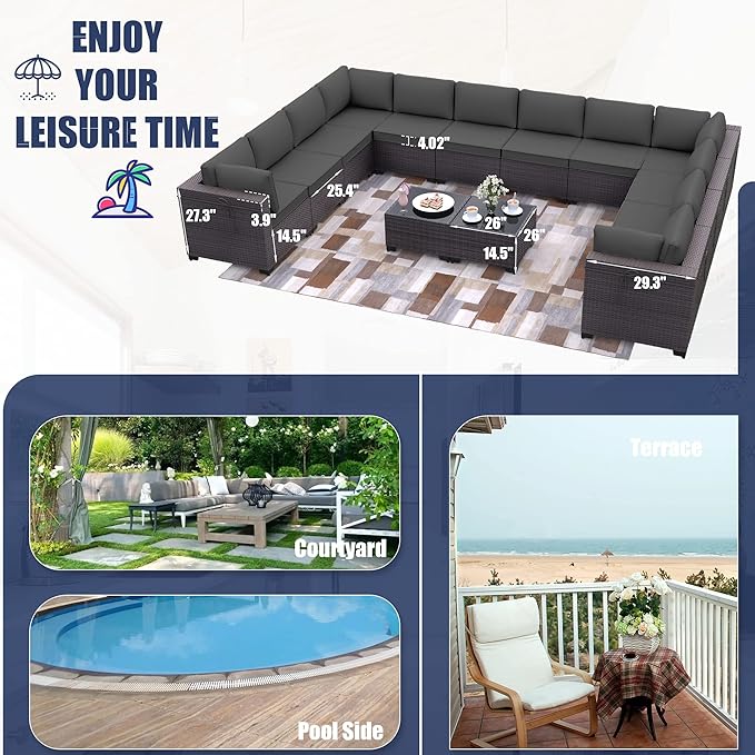 Kurapika 14 Pieces Patio Furniture Set, Rattan Wicker Outdoor Conversation Sets w/4 Inch Cushion and Glass Coffee Table(Grey)