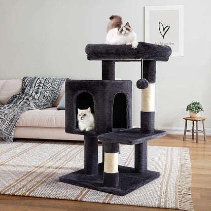 Allewie 29 Inches Cat Tree Tower/Plush Perches Platform/Condo/House/Sisal Scratching Posts/Multi-Level Activity Center Furniture for Kittens/Dark Grey