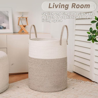 Large Woven Laundry Basket Hamper,80L Cotton Rope Storage Bin for Blankets,Toys and Clothes,Decorative Tall Nursery Hamper for Living Room,Baby Nursery,Bathroom and Bedroom,Brown