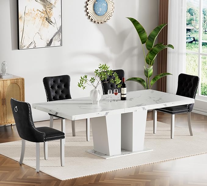 5-Piece Extendable Dining Table Set for 4-8 People 63-78 Inch Kitchen Table Set with 4 Black Upholstered Chairs Modern White Faux Marble Rectangular Dining Room Table Set for Kitchen Apartment