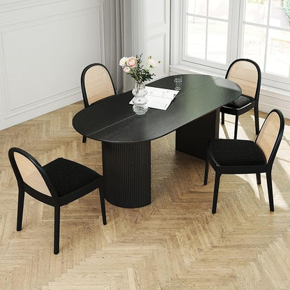 LukeAlon Modern Sherpa Dining Chairs Set of 4, Natural Woven Rattan Cane Back Side Chairs with Solid Wood Legs Mid Century Dinner Chairs for Kitchen Living Room, Black
