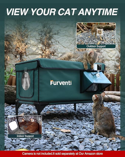 Heated Cat House for Outside,Dual Camera Mounts,100% Weatherproof & Extremely Insulated,Elevated Feral Cat Shelter with Escape Door,Waterproof Eaves for Outdoor Stray Barn Cat(Dark Green,L)