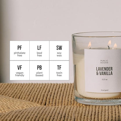 Public Goods Scented Soy Candle for Women & Men | Large 3 Wick Glass Candle | Long Lasting & Non Toxic | Made with Natural Soy Wax & Organic Essential Oils | Gift Box | 12.3oz Jar | Lavender & Vanilla