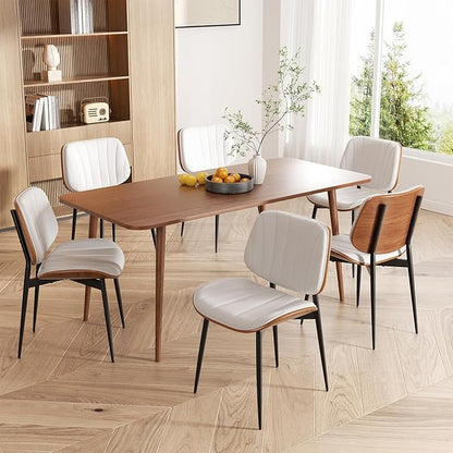 Dining Chairs Set of 8, Mid Century Modern Dining Room Chair, Upholstered Faux Leather Kitchen Chairs with Walnut Bentwood Back and Metal Legs for Kitchen Dining Room Living Room, White