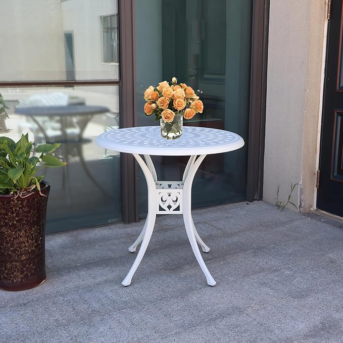 30.7" Cast Aluminum Round Patio Table,Metal Patio Dining Table with Umbrella Hole,All Weather Outdoor Bistro Dining Table for Backyard, Garden, Balcony, White
