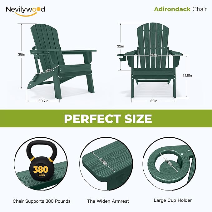 nevilywood Folding Adirondack Chair - Extended Ergonomic Backrest, Cup Holder - Easy Assembly - Durable HDPE Plastic, Weather Resistant & Maintenance-Free - Lawn, Patio, Deck Supports 380lbs,Green
