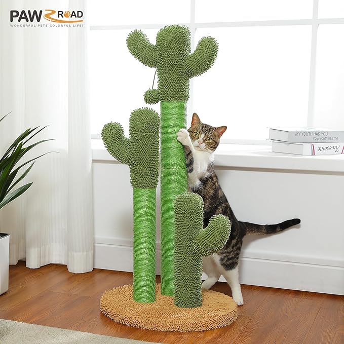 PAWZ Road Cat Scratching Post Cactus Cat Scratcher Featuring with 3 Scratching Poles and Interactive Dangling Ball - 35 Inches