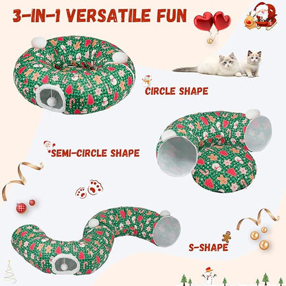 Cat Tunnel Christmas Tree Skirt Cat Tunnel Bed for Indoor Cats Play Donut Tunnel Toys S Shape for Rabbit Ferret (Green)