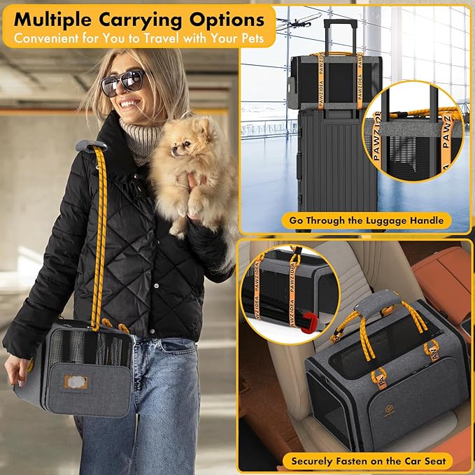 PAWZIDEA Expandable Pet Carrier with Wheels, 18"X11"X11" TSA-Approved Cat Carrier for 2 Cats Under Seat, Soft-Sided Top Load Dog Carrier for Small Dogs Rolling Travel Bag w/Telescopic Handle, ID Card