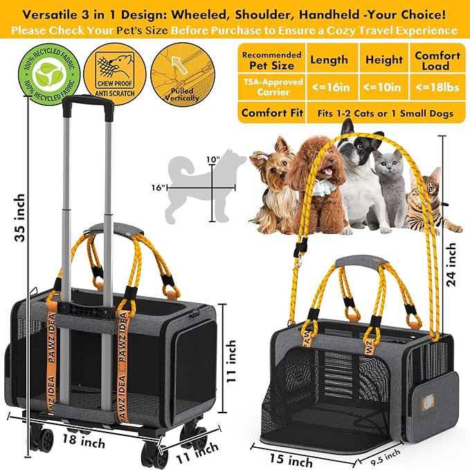 PAWZIDEA Expandable Pet Carrier with Wheels, 18"X11"X11" TSA-Approved Cat Carrier for 2 Cats Under Seat, Soft-Sided Top Load Dog Carrier for Small Dogs Rolling Travel Bag w/Telescopic Handle, ID Card