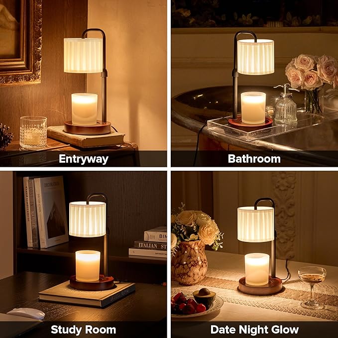 Candle Warmer Lamp with Timer, Dimmable Wax Warmer Candle Lamp for Jar Candle with 2 Bulbs, Christmas Birthday Gifts for Women Mom, Cozy Home Decor for Room, Bedroom, Kitchen-Pleated Fabric
