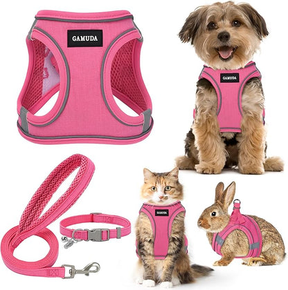 GAMUDA Small Pet Harness Collar and Leash Set, Step in No Chock No Pull Linen Fabric Soft Mesh Dog Vest Harnesses Reflective for Dogs Puppy Cats Kitten Rabbit (Pink, M)