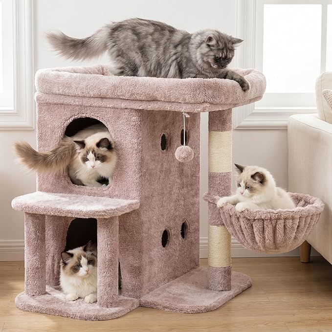 Heybly Cat Tree, 25.6-inch Cat Tower with Spacious Top Perch for Large Cats, Stair-Style Cat House Furniture with Dual-Layer Condos, Sisal Scratching Posts, Cozy Basket & Pompom, Muchroom HCT204SMU