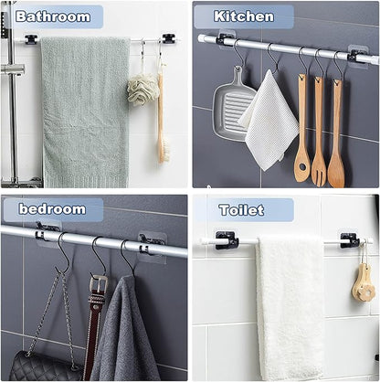 Codoule 8PCS No Drill Curtain Rod Brackets No Drilling Self Adhesive Curtain Rod Holder Hooks Nail Free Curtain Rod Hooks Curtain Hangers for Bathroom Kitchen Home Bathroom and Hotel (Black)