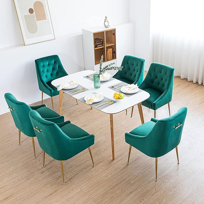 Modern Dining Chairs Set of 4, Mid Century With 5.12" Cushions and Golden Legs, Velvet Upholstered With Back Pull Rod, for Kitchen, Living Room (Green)