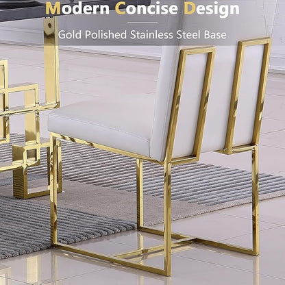 AUZ Dining Chairs Set of 8, White Faux Leather Dining Room Chairs with Gold Stainless Steel Sled Legs