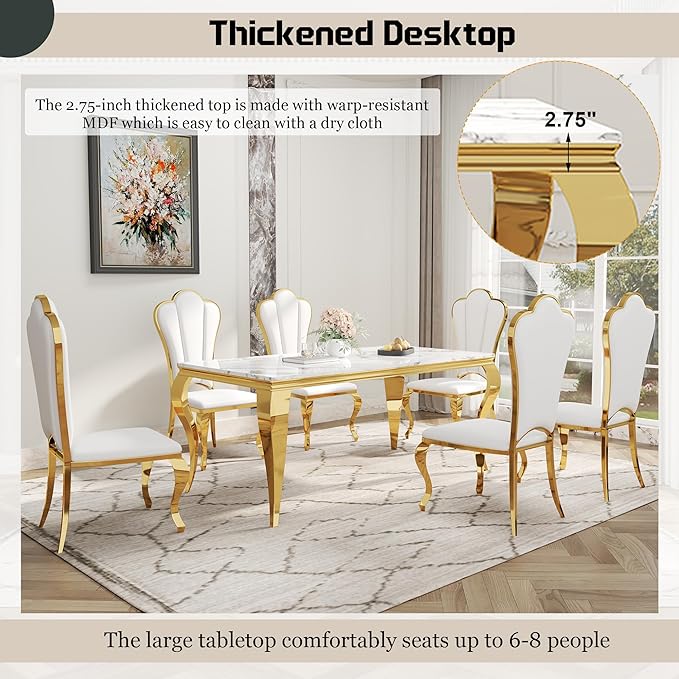 Dining Table Set for 6, 7-Piece Kitchen Table Chairs Set, Modern Dining Room Set with 70'' Marble Dinner Table and 6 Petaloid Backrest Upholstered Chairs for Kitchen, White & Gold