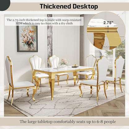 Dining Table Set for 6, 7-Piece Kitchen Table Chairs Set, Modern Dining Room Set with 70'' Marble Dinner Table and 6 Petaloid Backrest Upholstered Chairs for Kitchen, White & Gold