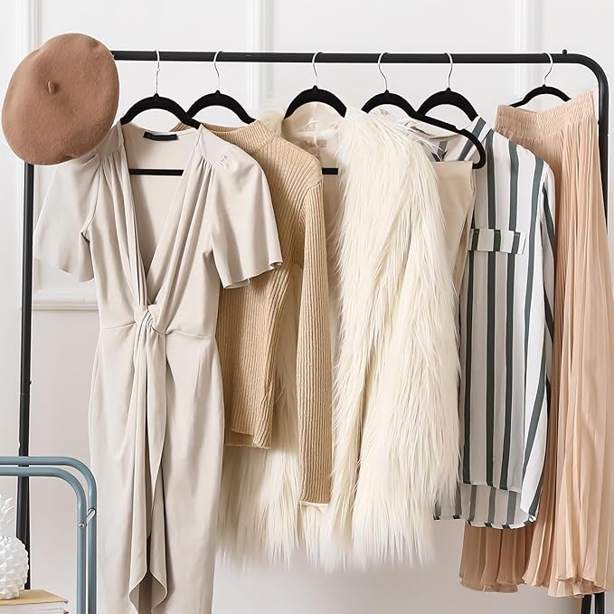 Premium Velvet Hangers 30 Pack Ultra Thin Non Slip Adult Felt Space Saving Suit Hanger for Closet Heavy Duty Coat Pants Jackets Dress Hangers 360° Swivel Hook Hold Upto 10 lbs Black