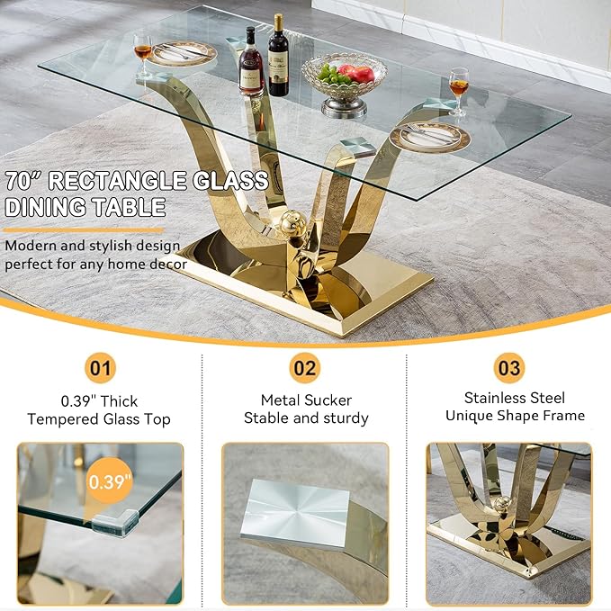 70" Modern Gold Glass Dining Table Set for 6, 7-Piece Rectangle Kitchen Dining Room Table Set with Steel Base & 6 Grey Velvet Upholstered Chairs, Modern Glass Kitchen Table and Chairs Set of 6