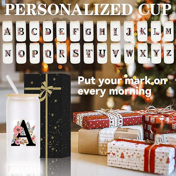 Monogrammed Glass Drinking Cup With Lid Straw Personalized Customized Post Cards Women Wife Gifts Anniversary Her 9 11 12 13 15 16 17 18 19 22 39 44 Christmas Xmas Valentines Birthday Groom Gifts,O