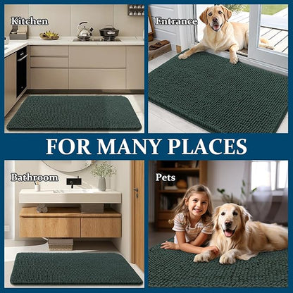 OLANLY Dog Door Mat for Muddy Paws 45x27, Absorbs Moisture and Dirt, Absorbent Non-Slip Washable Doormat, Quick Dry Chenille Mud Mat, Entry Indoor Entryway Carpet for Inside Floor, Blackish Green