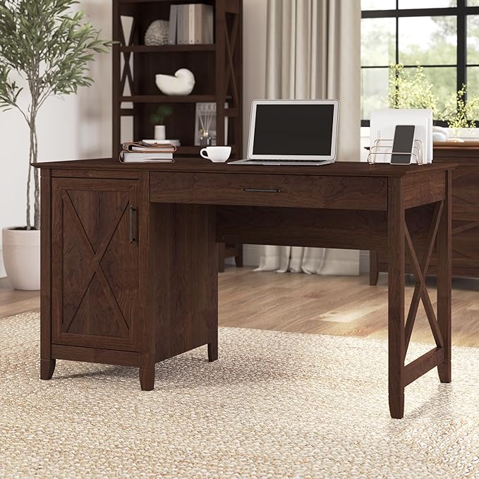 Bush Furniture Key West Computer Desk with Storage | Farmhouse PC Table for Home Office in Bing Cherry | 54W x 24D