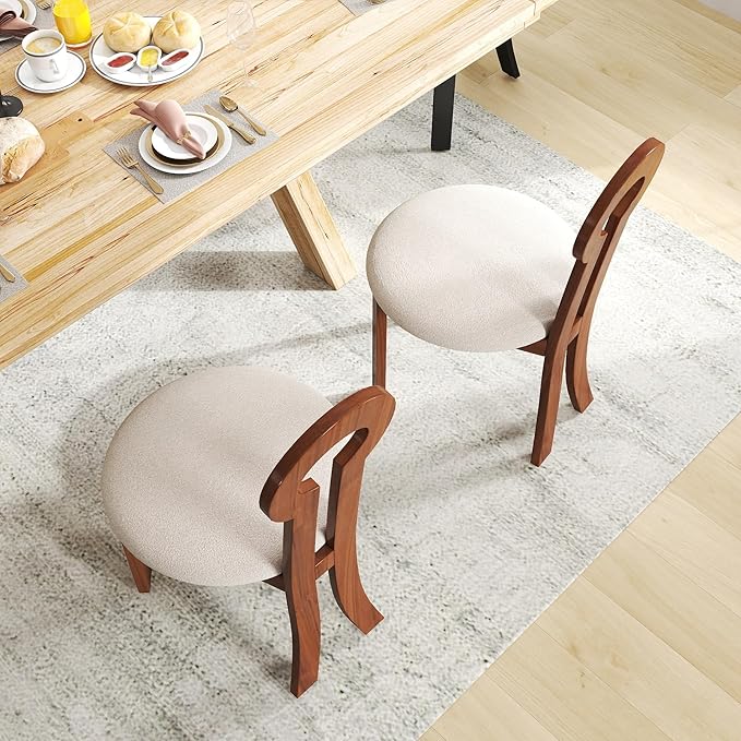 Wooden Dining Chairs Set of 6 Upholstered Kitchen & Dining Room Sherpa Chairs, Mid Century Modern Dining Chairs White with Walnut Legs