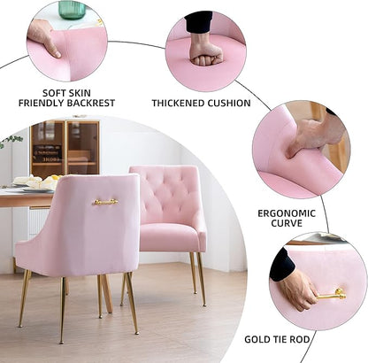 Modern Dining Chairs Set of 2, Mid Century Dining Chairs with 5.12” Cushions and Golden Legs, Velvet Upholstered with Back Pull Rod, for Kitchen, Living Room (Pink)