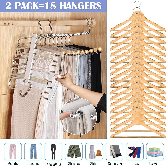 Upgrade 9 Layers Pants Hangers Space Saving, 2 Pack Multifunctional Pants Rack Non Slip Stainless Steel Clothes Space Saver Hangers Closet Organizers Storage for Pants Jeans Leggings, Creamy White
