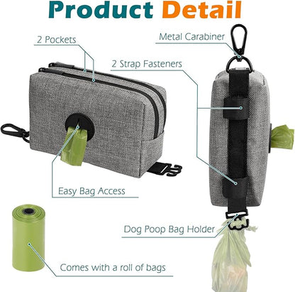 PetBonus Dog Poop Bag Holder, Portable Pet Waste Bag Dispenser, 2 Pouches for Treats and Walking Accessories, Fit All Leashes, Includes 1 Roll of Dog Poop Bags (Grey)