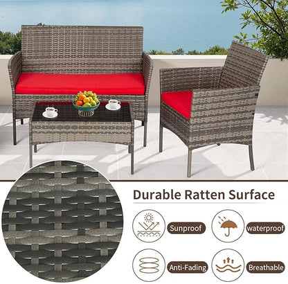 FDW Outdoor Patio Furniture Set Wicker Patio Set PE Rattan Furniture Bistro Set for Outdoor Indoor Use with Loveseats Coffee Table, Red Cushions, 4 Pieces