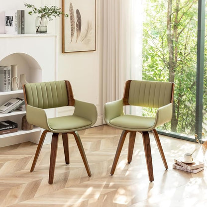 LUNLING Swivel Accent Faux Leather Dining Chairs Set of 4,Mid Century Modern Chairs with Wooden Legs/Armrest/Upholstered Seat/Adjustable Foots for Kitchen Dining Room Desk Chairs,Green