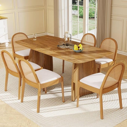 LukeAlon Linen Dining Chairs Set of 4, Natural Woven Cane Back with Solid Wood Legs Mid Century Side Chairs for Kitchen Living Room, Beige
