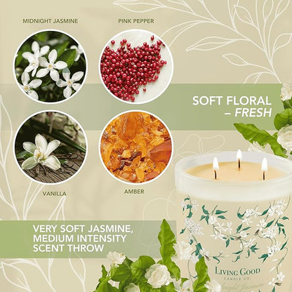 Midnight Jasmine Beeswax Candle - Nostalgic Soft Jasmine with Pink Pepper & Vanilla - Subtle & Refreshing - 90+ Hours of Clean & Non-Toxic Burn - Hand-Drawn Jar - Perfect Unique Gift - 15 OZ