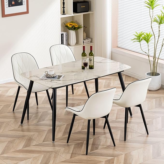 Rowill Modern Dining Chairs Set of 2 - White Faux Leather Upholstered Kitchen Chairs with Soft Cushion Backrest, Sturdy Metal Legs & Non-Slip Pads, Suitable for Home Dining Room, Kitchen