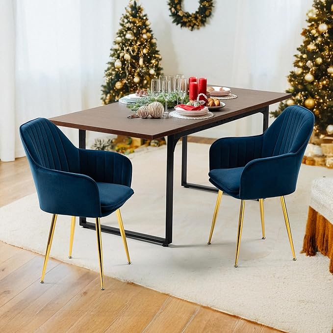 ECOTOUGE Matte Velvet Dining Chairs Set of 2, Modern Arm Chair with Golden Metal Legs, Living Room Accent Chairs for Kitchen, Blue