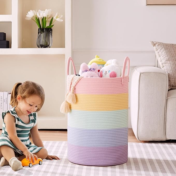 80L Extra Large Rainbow Baby Girls Hamper Laundry Basket for Kids Nursery Pastel Tall Blanket Basket for Toy Woven Rope Unicorn Clothes Hamper in Living Room Playroom Bedroom