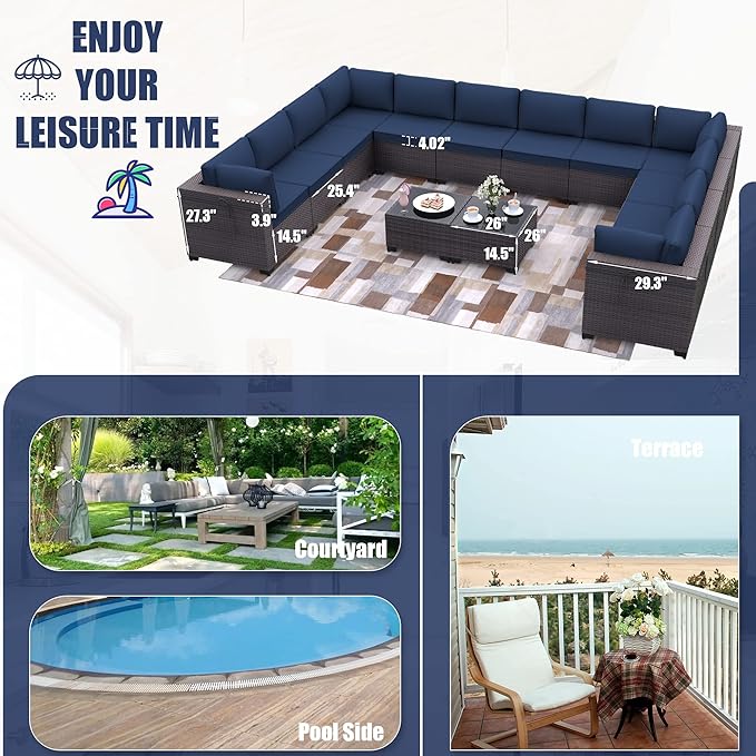 Kurapika 14 Pieces Patio Furniture Set, Rattan Wicker Outdoor Conversation Sets w/4 Inch Cushion and Glass Coffee Table(Navy Blue)