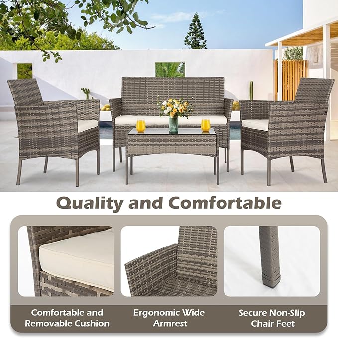 FDW | 4-Piece Patio Furniture Set | Gray & Khakhi | Outdoor Wicker Furniture with Coffee Table | Modern Rattan Chairs Conversation Set | Outdoor Seating | Weather-Resistant | for Porch, Garden, Lawn