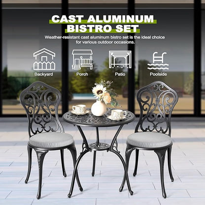 NUU GARDEN Patio 3-Piece Bistro Set with Olefin Cushions, Patio Chairs and Outdoor Round Table with Umbrella Hole, Cast Aluminum Patio Set for Lawn, Garden, Porch, Poolside, Black