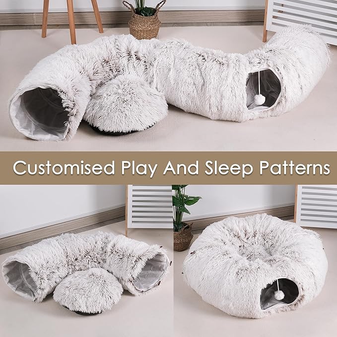 Cat Tunnel Bed for Indoor Cats, Peekaboo Cat Cave with Washable Soft Play Mat, Furry Cat Tube, for Kitten/Puppy/Rabbit, Brown
