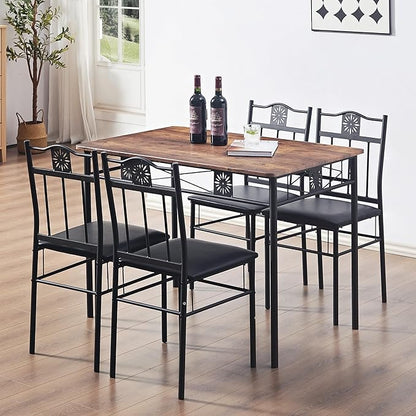 VECELO Kitchen Dining Room Table Sets for 4, 5 Piece Metal and Wood Rectangular Breakfast Nook, Dinette with Chairs, Retro Brown