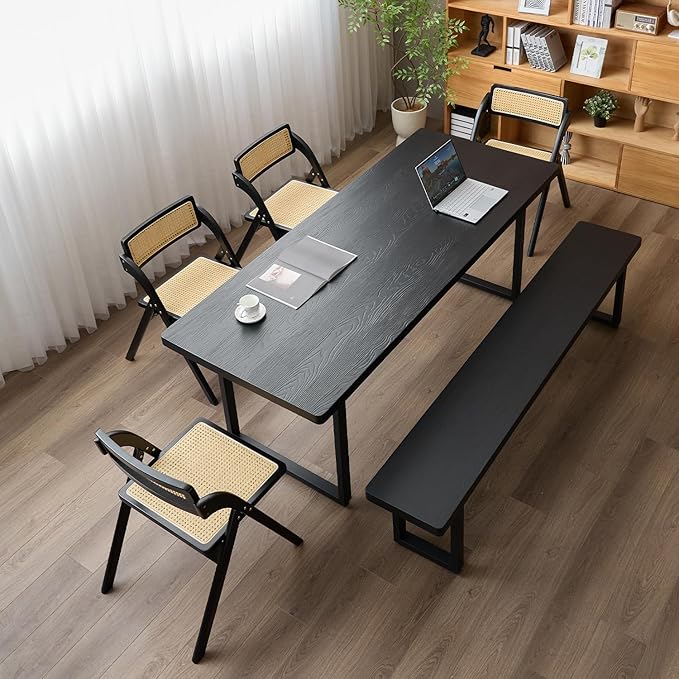 Modern Solid Wood Dining Table with Metal Base Stylish Durable Dining Room Table in Black Multiple Sizes Home Use Office Desk(62.99in)