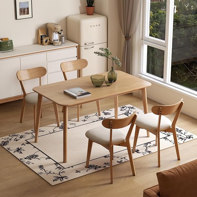 100% Solid Wood Upholstered Dining Chairs, Mid Century Modern Oak Dining Chairs with Curved Back Design with Butterfly Wing Shape for Kitchen, Dining Room, Restaurant (4PK, Log Color-Beige Cushion)